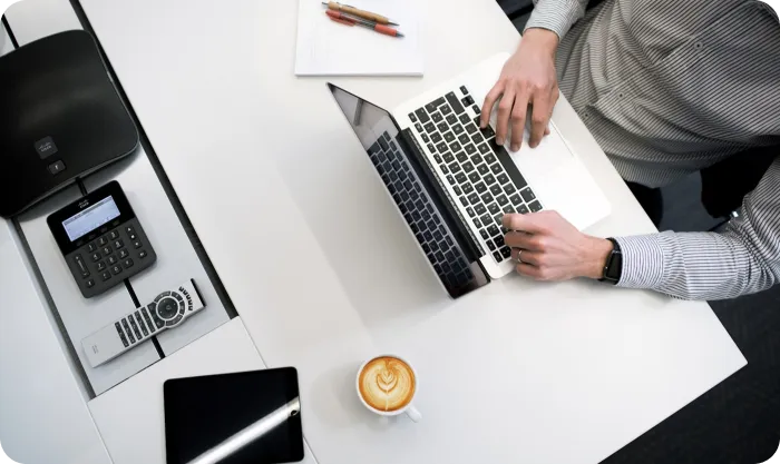 Man Typing Laptop Coffee Tablet