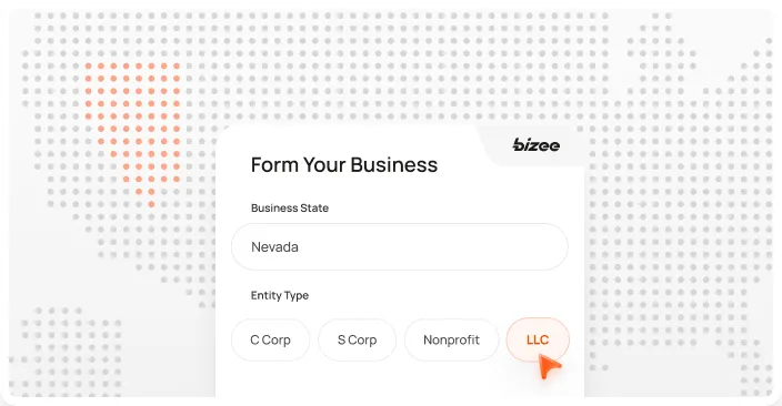 Interactive business formation form showing “Nevada” selected as the business state and “LLC” chosen as the entity type on the LLC EURO website.