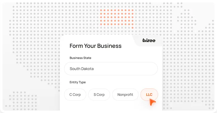 Illustration of a business formation form on the LLC EURO website. The form shows “South Dakota” as the selected business state and highlights “LLC” as the chosen entity type. A dotted map of the United States appears in the background with South Dakota highlighted in orange.