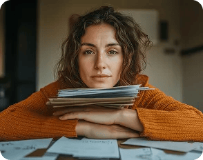 Woman with curly hair leaning on a desk with a stack of papers, resting her chin on her hands, looking thoughtfully at the camera